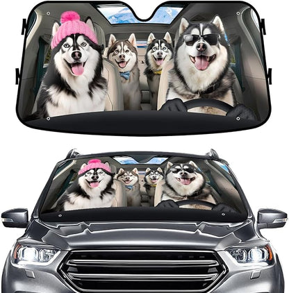 GENANY Siberian Husky Windshield Cover for Car SUV Truck (55x30 Inches), Foldable Heat Shield, Shades for Front Windows, Protector Blocks UV, Car Decor