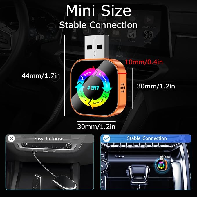 Wireless CarPlay Adapter 4-in-1,2026 Upgraded Screen Mirroring,Support Mirror Link/AirPlay for Apple CarPlay & Android Auto,for Cars with Wired CarPlay, Fast Auto-Connection, Plug & Play-Orange