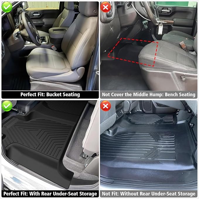 Floor Mats for 2019-2025 Chevy Silverado/GMC Sierra 1500 Crew Cab, 2020-2025 Chevrolet Silverado/GMC Sierra 2500HD/3500HD Crew Cab with Rear Under-Seat Storage, Floor Liners for Silverado Accessories