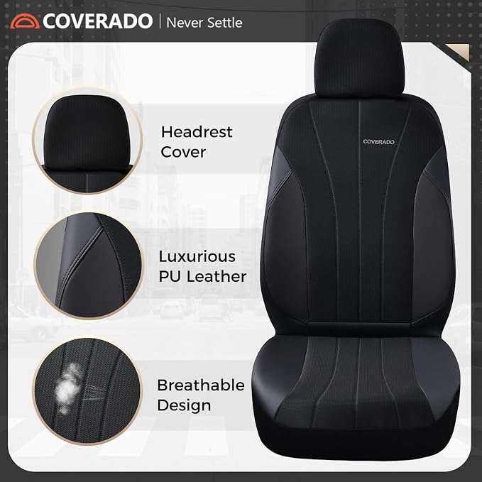 Coverado Car Seat Covers Front Seats, Auto Seat Covers Full Set, Mesh Breathable Seat Protectors, 2 Seats Black Automotive Seat Covers, Universal Fit for SUV, Sedan, Truck
