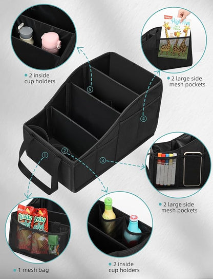 YOHOOLYO Car Seat Organizer Backseat Car Organizer with 4 Compartments, 4 Cup Holders and 7 Mesh Pockets for Front and Rear Seat, Black