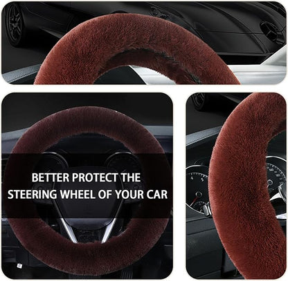 Ziciner Fuzzy Steering Wheel Cover, 15 inch Soft Wool Fur Steering Wheel Protector, Fluffy Wheel Covers for Winter Warm, Car Interior Decoration Accessories for Women Men (Coffee)