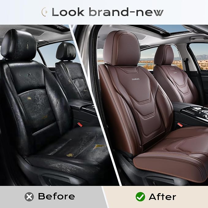Coverado Car Seat Covers Full Sets, 5 Piece Car Seat Protector Waterproof Leather Seat Cushion Universal Fit for Truck Automotive Vehicles Brown