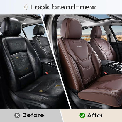 Coverado Car Seat Covers Full Sets, 5 Piece Car Seat Protector Waterproof Leather Seat Cushion Universal Fit for Truck Automotive Vehicles Brown