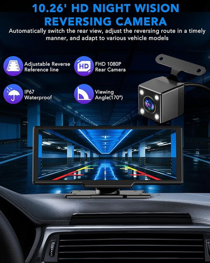 10.26" Apple Carplay Screen for Car, Wireless Portable Car Play & Android Auto HD Touch Screen, 4K Dash Cam, 1080P Backup Camera, Bluetooth 5.0, FM/Mirror Link/GPS Navigation, for All Vehicles