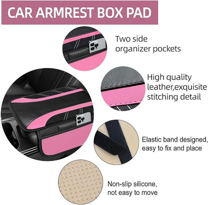 NBTEPEM 6 Pcs Pink Car Accessories Set, Sport Leather Steering Wheel Cover 14.5-15inch Universal, Microfiber Leather Car Center Console Cover, Seat Belt Cushion, Cup Holder Coaster (Black-Pink)