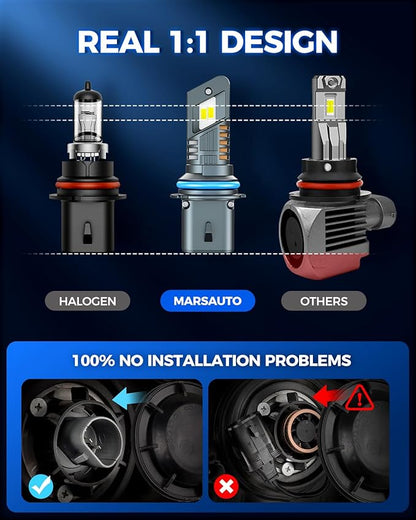 Marsauto 9004 Bulb, 48000LM Brightness Output 6000K Cool White,9004 HB1 Fog Bulbs IP68 Waterproof 60000Hrs Lifespan, 3Mins Installation, 2 Pack