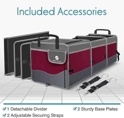Trunk Organizer with Cooler, Collapsible Trunk Storage Container with Non Slip Bottom Strips, Large Multi-Compartment Waterproof Car Trunk Organizer Groceries for Vehicle Sedan, SUV, Van(Wine Red)
