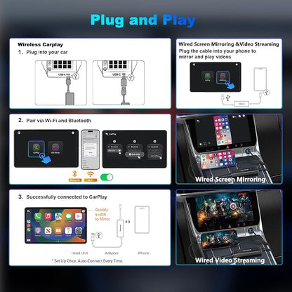 4-in-1 Wireless CarPlay Adapter for iPhone 15/16/17 & Newer, Wired Video Streaming, Screen Mirroring, Two-Way Control & Charging, Plug & Play for Factory Wired CarPlay (Gray)