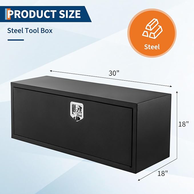 Black Steel Underbody Truck Box, 30"×18"×18" Pickup Storage Box, Heavy Duty Diamond Plate Tool Box with Lock and Keys, Waterproof Trailer Storage Box with T-Handle Latch for Truck, Van, Trailer