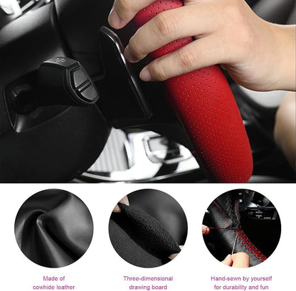 Ziciner Genuine Leather Steering Wheel Cover, Stitch on Wrap, Breathable Anti-Slip Car Steering Wheel Protector for Max Diameter 15 Inch, DIY Sewing with Needles Thread (Red, Glossy)