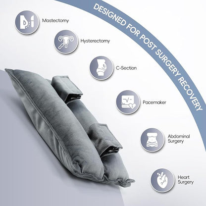 Post Surgery Seat Belt Pillow with Ice Pack, Seatbelt Cushion for Mastectomy, Heart Surgery, C-Section & Hysterectomy Recovery, Chemo Port Protector, Seatbelt Pad with Pocket (Grey)