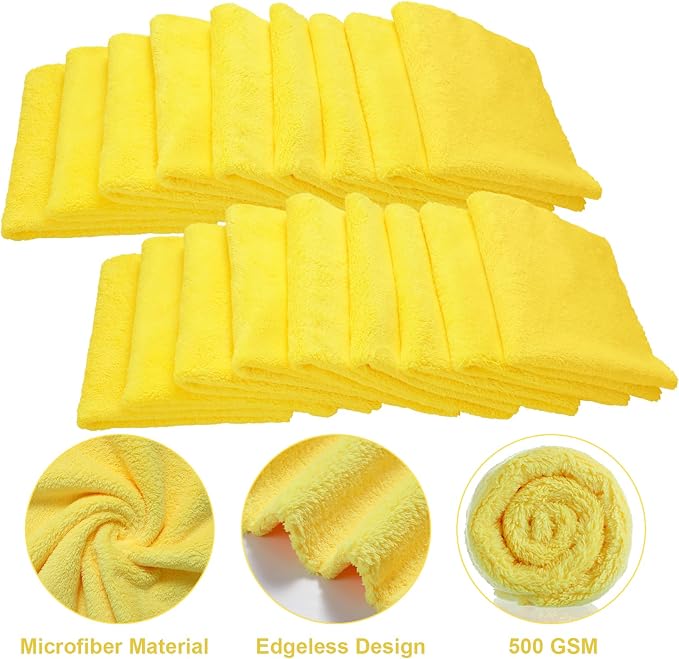 Shimeyao 30 Pcs Edgeless Microfiber Plush Towels for Cars Detailing Drying Wash Polishing Absorbent Cleaning Cloths, 500 GSM (16 x 16 Inch,Yellow)