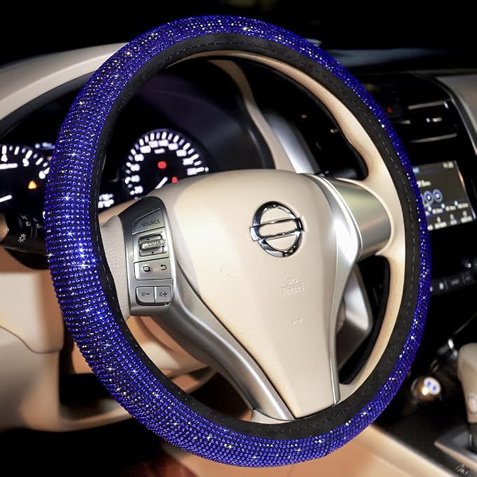 Bling Steering Wheel Cover Blue for Men Car, 15 Inch Universal with Blue Crystal Rhinestone Diamond Cool Bling Accessories Anti-Slip Wheel Protector Black