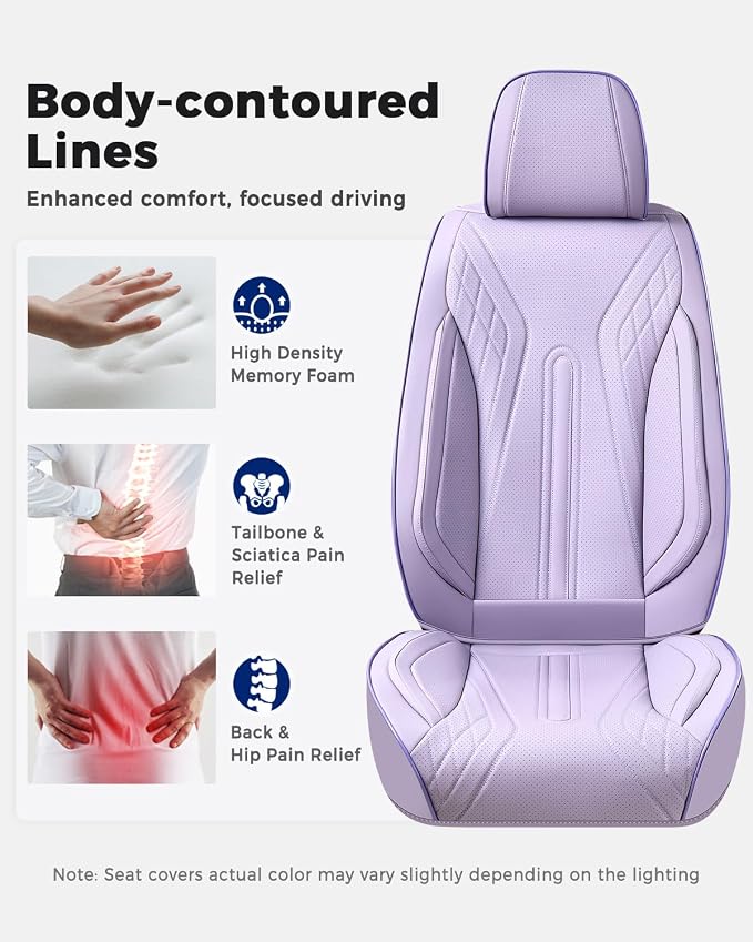 Huidasource Car Seat Covers Full Set, Universal Fit for Most Cars SUV Trucks, Full Coverage Nappa Leather Seat Cover, Airbag, Cupholder Compatible, Velcro Adjustable,Seat Function Retain, Light Purple