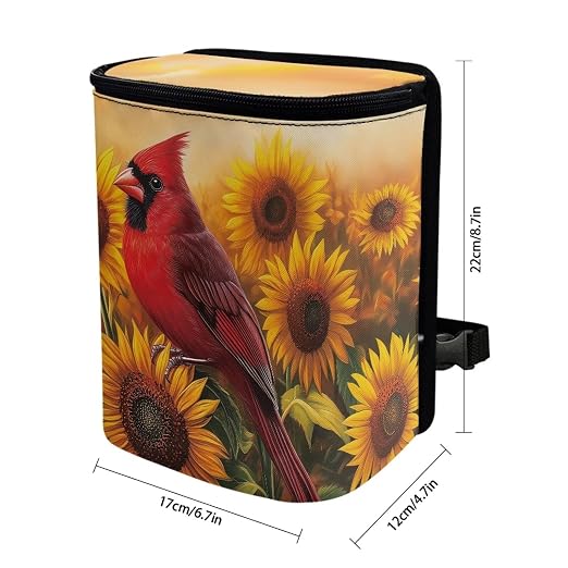 Talayituse Cardinal Sunflower Print Car Trash Can Portable Auto Garbage Bin Multifunctional Vehicle Interior Accessories with Adjustable Straps Universal Fit Truck SUV Sedan