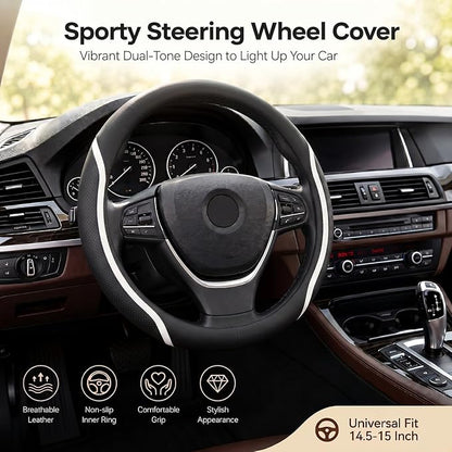 Steering Wheel Cover Black White, Carbon Fiber Car Steering Wheel Covers with Coasters Universal 14.5-15 inch Leather Microfiber Breathable Anti-Slip Steering Wheel Accessories Set