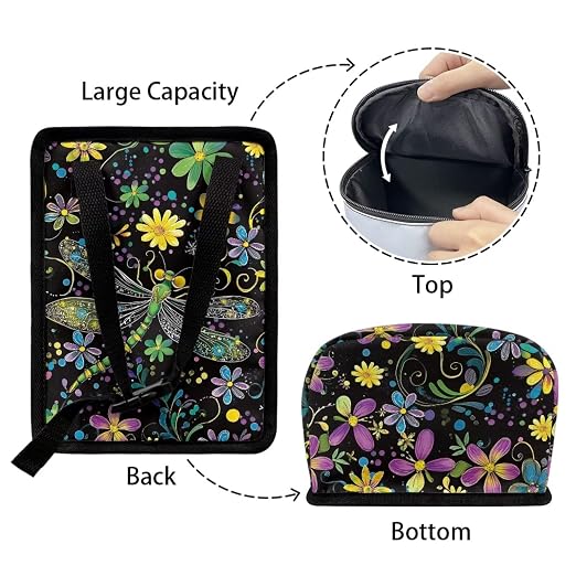 Dragonfly Boho Floral Print Car Trash Can with Lid and Zipper Portable Foldable Garbage Can Bag Hanging for Headrest Leakproof Organizer and Storage Bag Car Interior Accessories