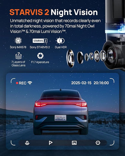 70mai Dual Dash Cam Front and Rear 4K, Car Camera for Cars with Sony IMX678, STARVIS 2 Night Vision, 4G LTE, AI Motion Detection, ADAS, 5GHz Wi-Fi 6, Parking Monitor, Voice Control (4K Omni X800)