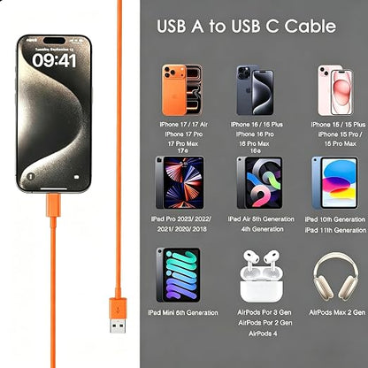 Orange iPhone 17/17E Car Carplay Cable for iPhone 17/16/15, 15/16/17 Pro Max 15 16 Plus Charging Cable, USB A to USB C Cord for iPad 10th Gen iPad Pro, Air 5th 4th Mini 6th Replacement Cord(3.3 FT)
