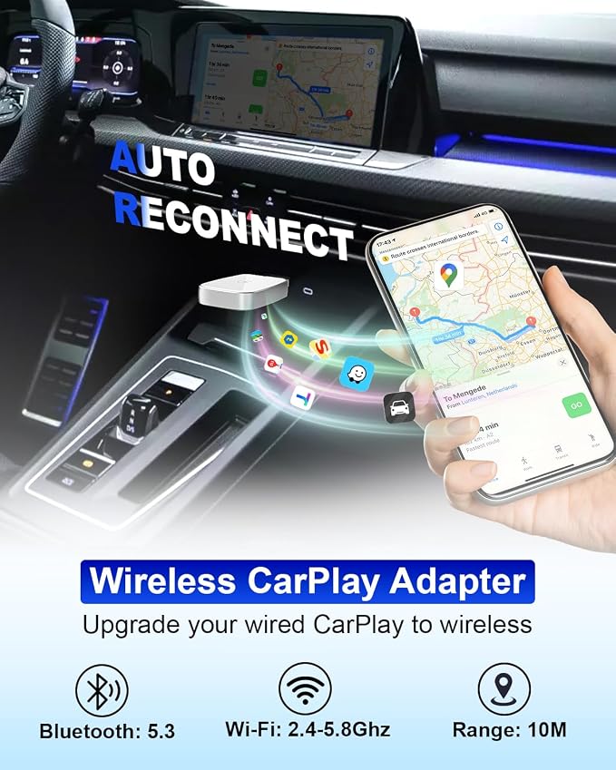 Wireless CarPlay Adapter for Apple iPhone, Convert Wired CarPlay to Wireless, Mini Size with USB-A to USB-C Adapter, Stable Control & No Delay Latency, White