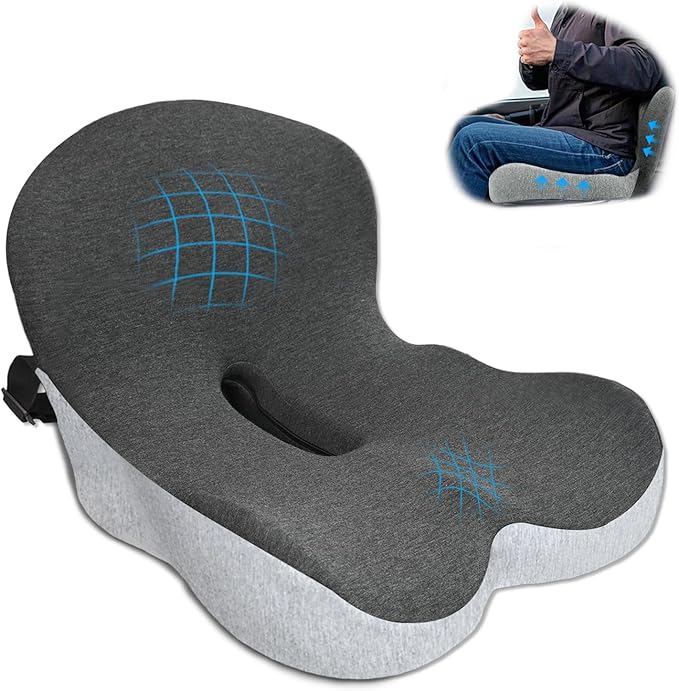 Memory Foam Seat Cushion,Office Chair Cushion with Lumbar Support for Back Pressure Relief, Car Seat Cushion with Adjustable Strap,Sciatica Pad Cushions for Car,Truck, Desk (Black+Grey)