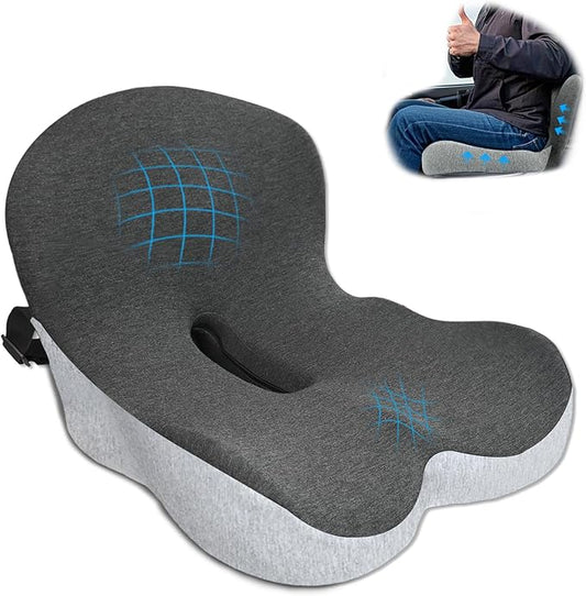 Memory Foam Seat Cushion,Office Chair Cushion with Lumbar Support for Back Pressure Relief, Car Seat Cushion with Adjustable Strap,Sciatica Pad Cushions for Car,Truck, Desk (Black+Grey)