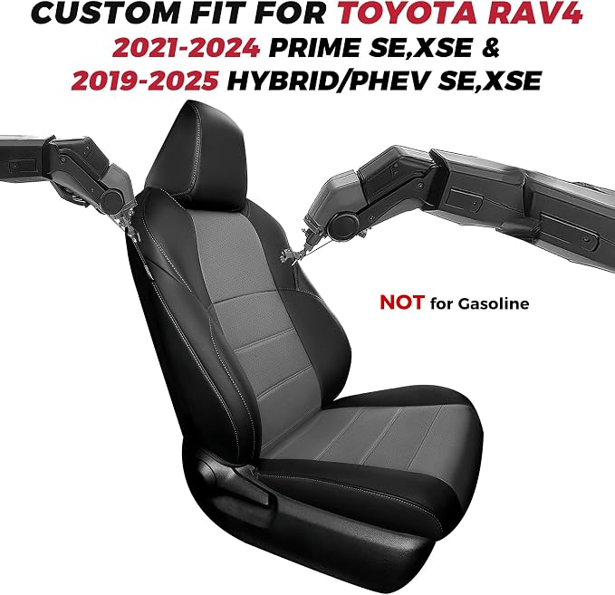 FREESOO RAV4 Seat Covers Full Set Custom Fit for Toyota Rav4 2021-2024 Prime SE,XSE & 2019-2025 Hybrid/PHEV SE,XSE Faux Leather Car Seat Cover, Airbag Compatible, Black Gray