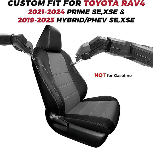 FREESOO RAV4 Seat Covers Full Set Custom Fit for Toyota Rav4 2021-2024 Prime SE,XSE & 2019-2025 Hybrid/PHEV SE,XSE Faux Leather Car Seat Cover, Airbag Compatible, Black Gray