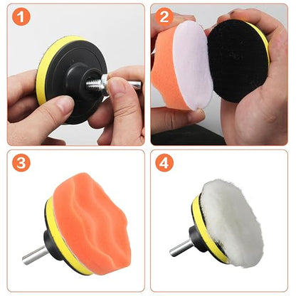 11Pcs Car Buffing Pads for Drill Polishing Kit, 3Inch Foam Polishing Pads, Car Buffers and Polishers Kit, Wool Pads Wax Buffer Drill Attachment with M10 Adapter