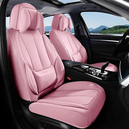 Coverado Seat Covers, Car Seat Covers Front Seats, Car Seat Cover, Car Seat Protector Waterproof, Seat Cushion Nappa Leather with Head Pillow, Carseat Cover Universal Fit for Most Cars (Pink)