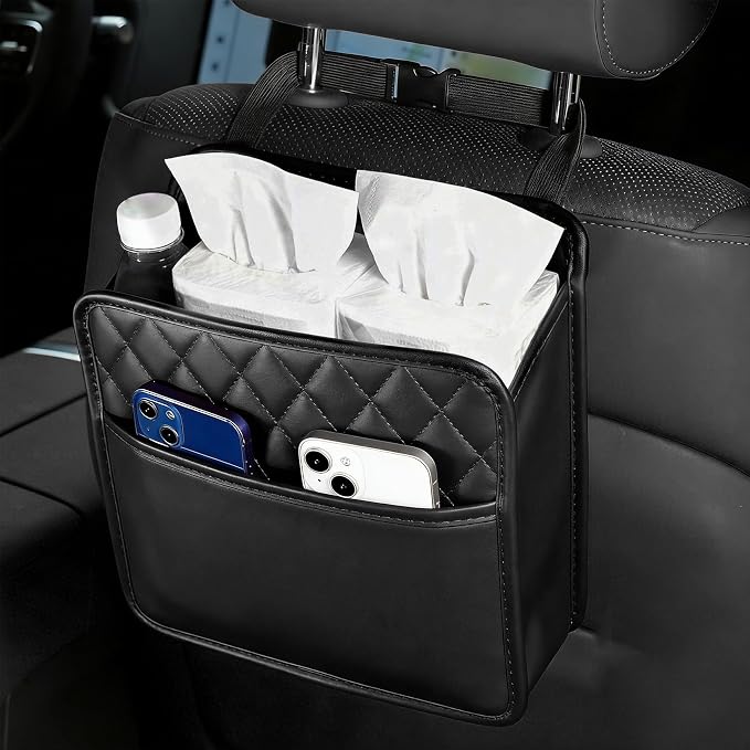 Car Seat Back Organizer, Leather Backseat Hanging Storage Bag, Multipurpose Car Hanging Trash Bag with 2 Compartments, Car Large Capacity Pouch Pocket for Kids & Adults (Black)