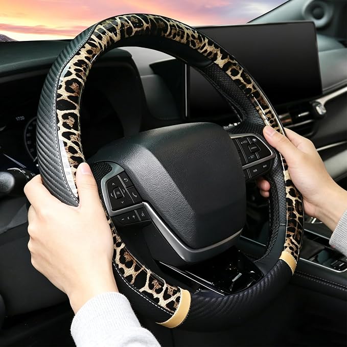KAFEEK Khaki Leopard Steering Wheel Cover, 15 inch Carbon Fiber Texture, Classic Tan Cheetah Pattern, Non-Slip Microfiber Leather, Universal Fit for SUV Sedan
