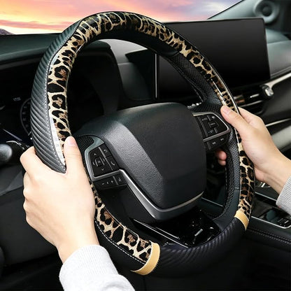 KAFEEK Khaki Leopard Steering Wheel Cover, 15 inch Carbon Fiber Texture, Classic Tan Cheetah Pattern, Non-Slip Microfiber Leather, Universal Fit for SUV Sedan