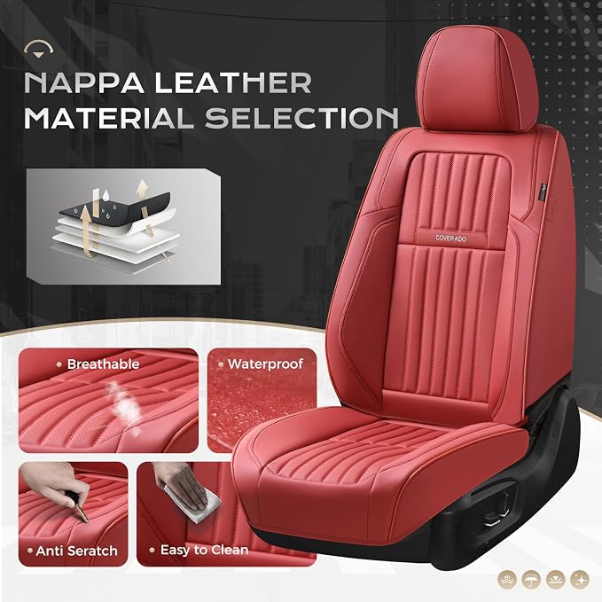 Coverado Car Seat Covers Front Seats, Seat Covers for Cars, Car Seat Protector, 2-Pack Car Seat Cushion Nappa Leather, Waterproof Seat Covers Carseat Cover Universal Fit for Most Cars Trucks(Red)