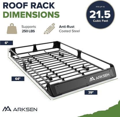 ARKSEN 2-in-1 Foldable Fairing Roof Rack Cargo Basket (Deflector & Flat Mode) with Net, 64" x 39" Heavy Duty Steel Rooftop Carrier, 250 lbs Max Load, Fits SUV Truck Pickup for Kayaks, Canoes & Luggage