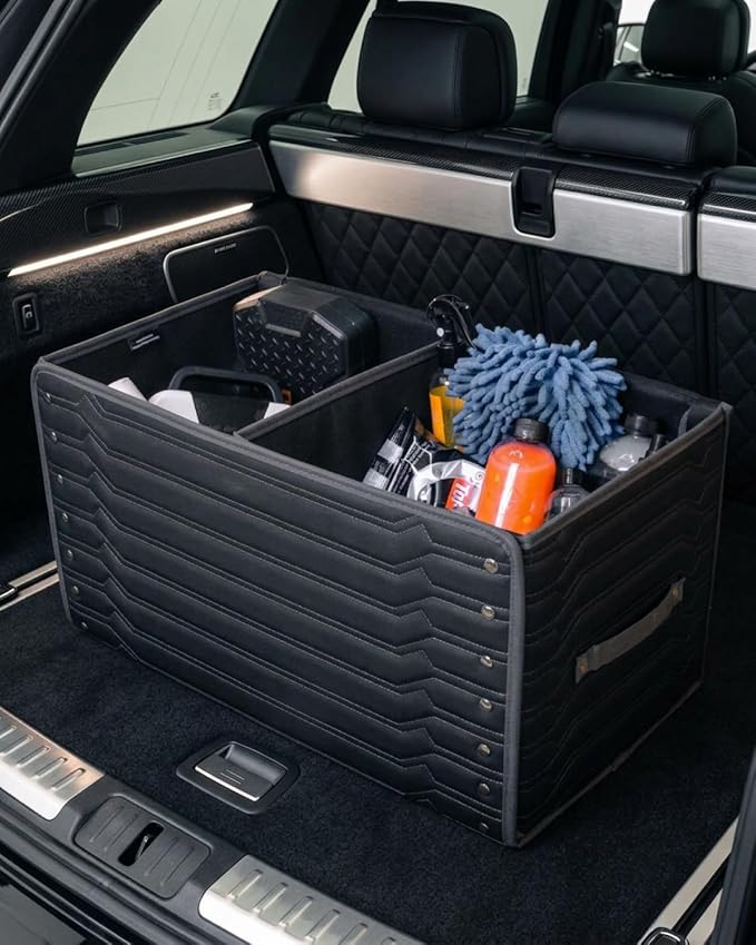Owleys Trunk Storage 17.7" Collapsible Crate For Groceries, Tools & Travel Gear - Eco-Leather Car Organizer With Magnetic Lid - Practical Birthday Gift For Men (Highway 17)