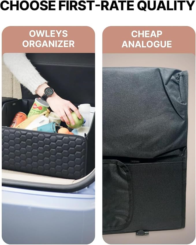 Owleys Trunk Organizer For Car - Collapsible Storage Bins - Keep Groceries, Sports Gear & Tools Secure On Road Trips - Best Gifts for Men - Heavy Duty Cargo Tote (Black 21.6)