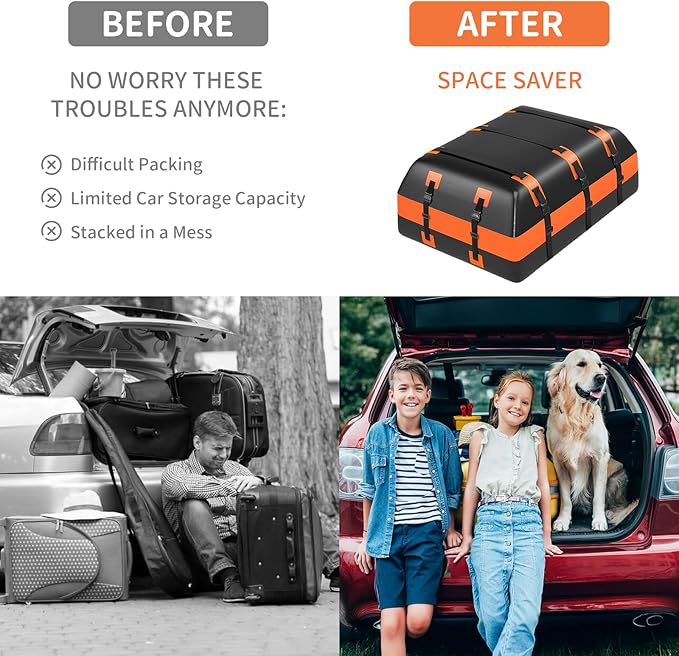 21 Cu Ft Waterproof Car Rooftop Cargo Bag Heavy Duty 840D Roof Top Carrier with Anti-Slip Mat, Luggage Lock, 6 Door Hooks for SUVs, Sedans, Minivans – Perfect for Road Trips, Camping, Outdoor Travel