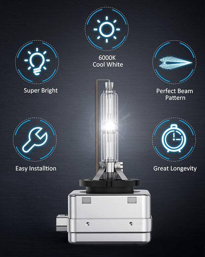 Nilight D1S HID Xenon Headlight Bulbs, D1S Bulb 6000K High Low Beam Xenon Headlights Replacement for 12V Cars, 2-Pack
