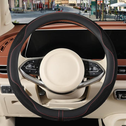 Nappa Leather Steering Wheel Cover, Advanced Microfiber Leather Non-Slip Breathable Fabric, Warm in Winter and Cool in Summer, Black Large 15.5 inch to 16 inch