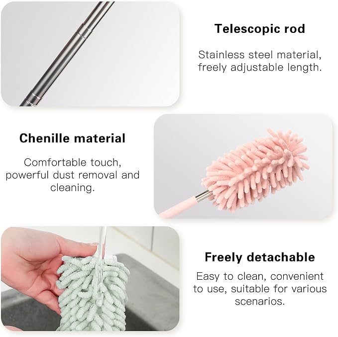 2PCS Car Interior Duster with Extension Pole, Microfiber Retractable Dusters Auto Dash Cleaning Tool, Soft Chenille Hand Washable Dusters for Vehicle Window Office Furniture (Pink)