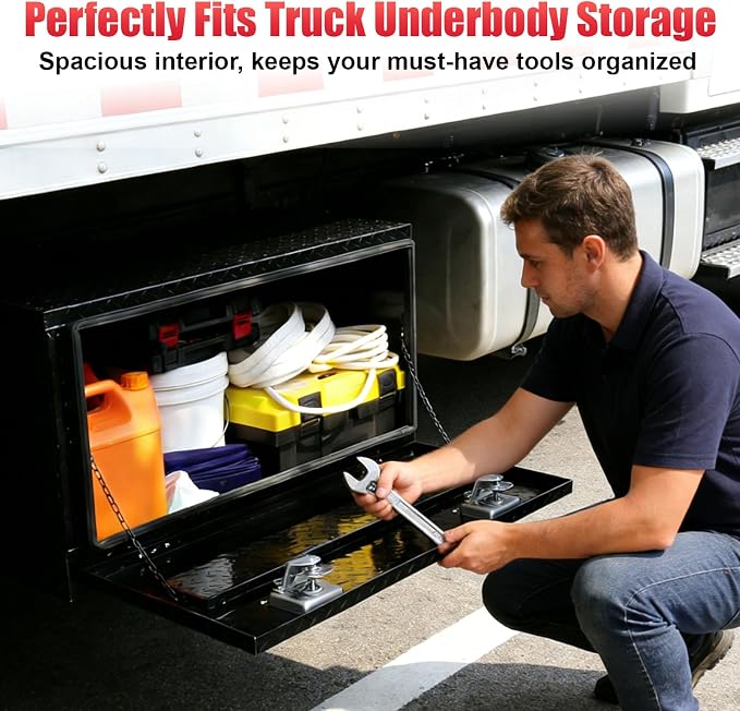 FORWODE 36x17x18 Inch Underbody Truck Tool Box Aluminum Trailer Tool Box with Lock & Foldable T-Handle Waterproof Truck Storage Box for Pickup Truck, Trailer, RV, ATV, Indoor（BLACK）