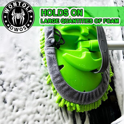 62'' Car Wash Brush with Long Handle Chenille Microfiber Car Wash Mop Mitt Kit Scratch-Free Car Cleaning Brush Care Kits with Replacement Head Supplies for Cars RV Truck Boat