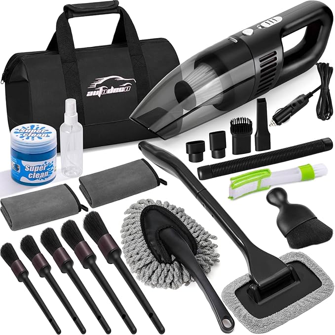 Car Cleaning Kit, Car Vacuum Interior Detailing Cleaner Kit with High Power Handheld Vacuum, Brush Set, Windshield Tool, Duster, Towels, Complete Car Care Tools for Women (Black)