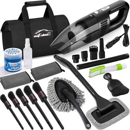 Car Cleaning Kit, Car Vacuum Interior Detailing Cleaner Kit with High Power Handheld Vacuum, Brush Set, Windshield Tool, Duster, Towels, Complete Car Care Tools for Women (Black)