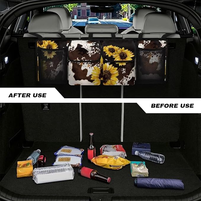 Yellow Sunflower Auto Hanging Seat Back Storage Brown Cow Spots Hanging Cargo Storage Bag for SUVs & Sedans