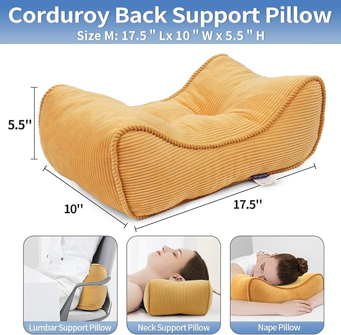 Lumbar Support Pillow for Office Chairs, Bite-Size Natural Latex Foam Back Support Pillow for Lower Back Pain Relief, Soft & Support Corduroy Desk Chair Cushion, M, Yellow