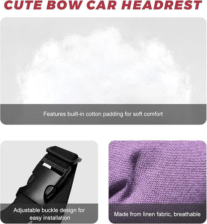 Cute Bow Car Headrest Pillow, Soft Comfortable Bow Auto Seat Pillow with Adjustable Strap, Breathable Ergonomic Neck Support Cushion Bowtie Decoration for Most Vehicles (Purple)