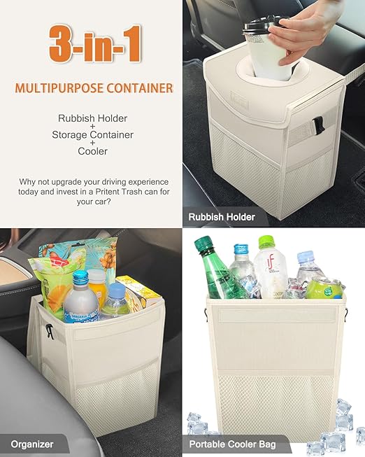 Pritent Car Trash Can with Lid, Cute Leakproof Car Trash Garbage Bag Hanging Vehicle Trash Bin Small Portable Automotive Garbage Cans Organizer for Back/Front Seat(Trapezoid,Ivory